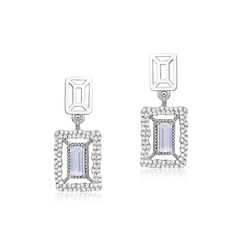 Rectangle Zircon with Wavy Halo Sterling Silver Drop Earrings