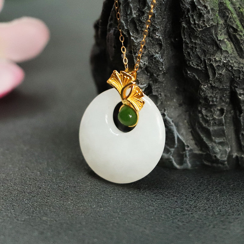 White Jade Ginkgo Leaf Necklace with Sterling Silver Buckle