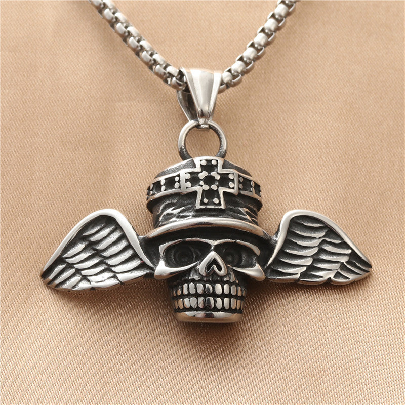 Punk-Inspired Titanium Steel Skull Wings Pendant Necklace for Men