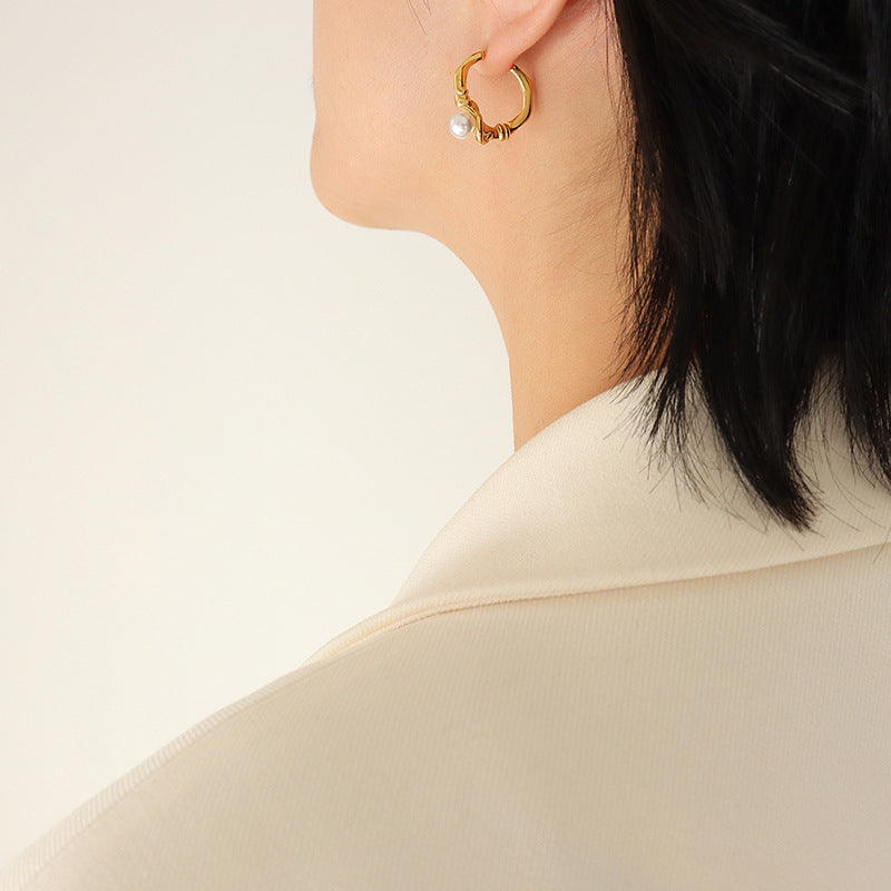 Korean Inspired Pearl Inlay Gold-Plated Titanium Steel Earrings