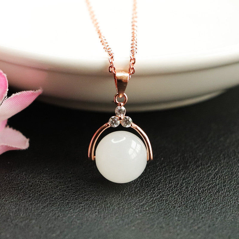 Elegant Zircon Necklace with Sterling Silver and Natural Hetian White Jade Beads