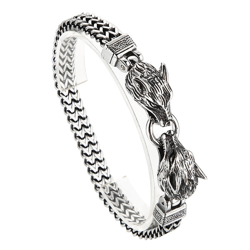 Woven Double-Row Fish Scale Bracelet with Retro Wolf Head Design for Men