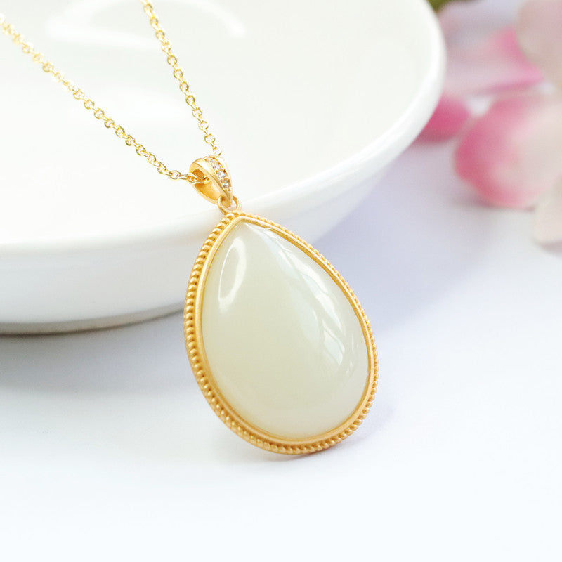 Droplet White Jade Necklace with Sterling Silver Pendant