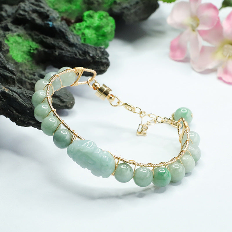 Jade Pixiu Sterling Silver Bracelet with Natural A-grade Jade Ball