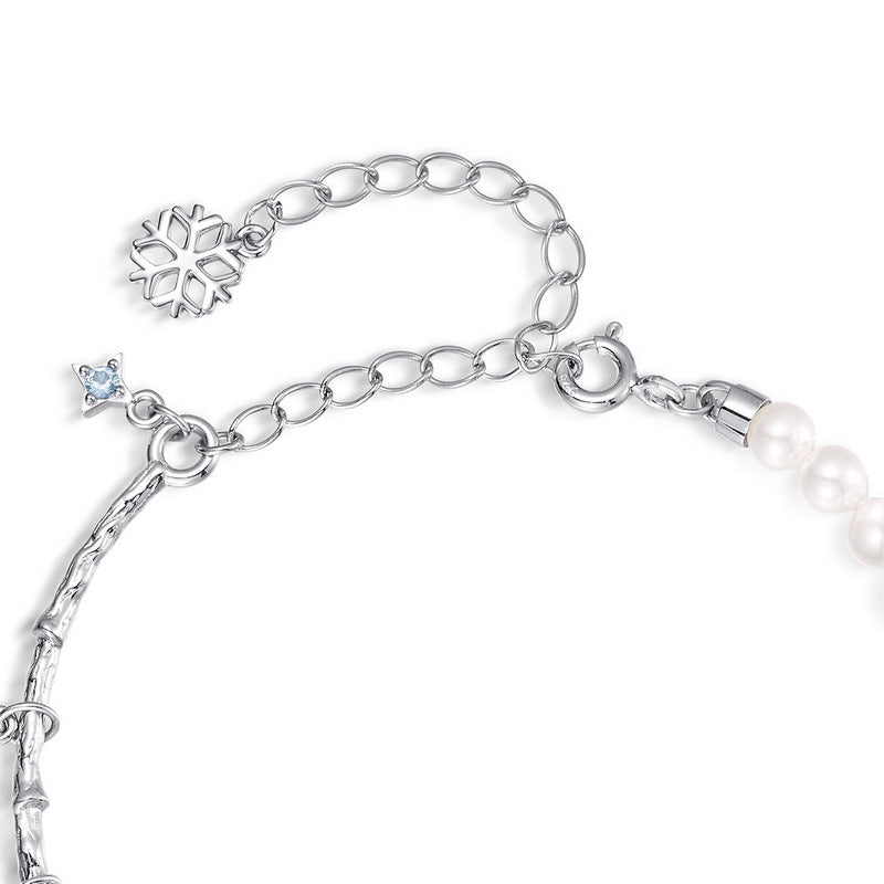 Zircon Snowflake Pearl Chain Sterling Silver Bracelet