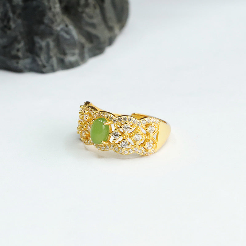 Zircon-Adorned S925 Silver Hollowed Hetian Jade Jasper Ring