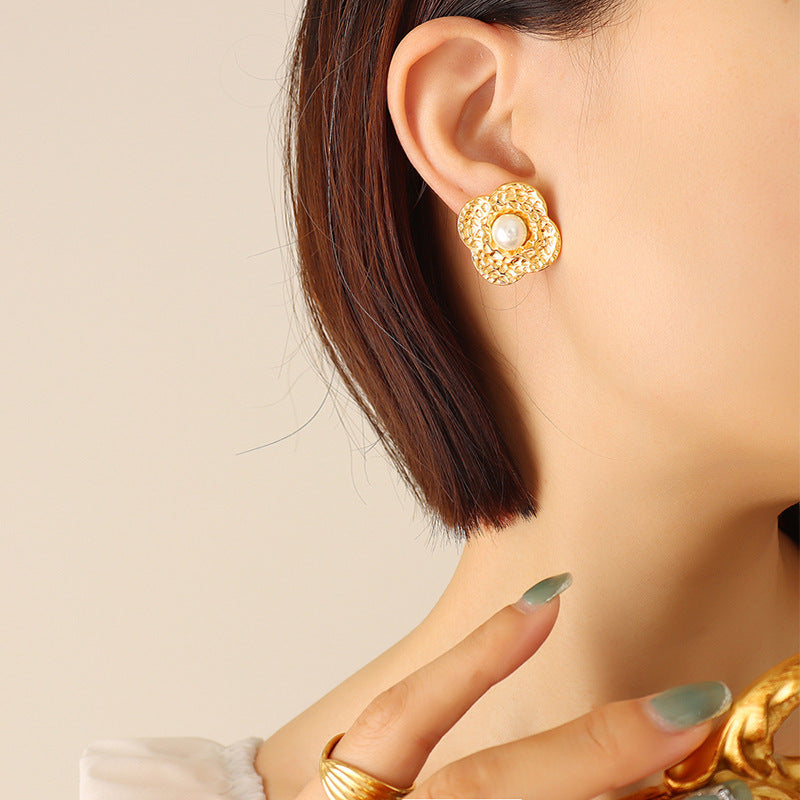 Elegant Gold-Plated Titanium Steel Earrings with Imitation Pearls