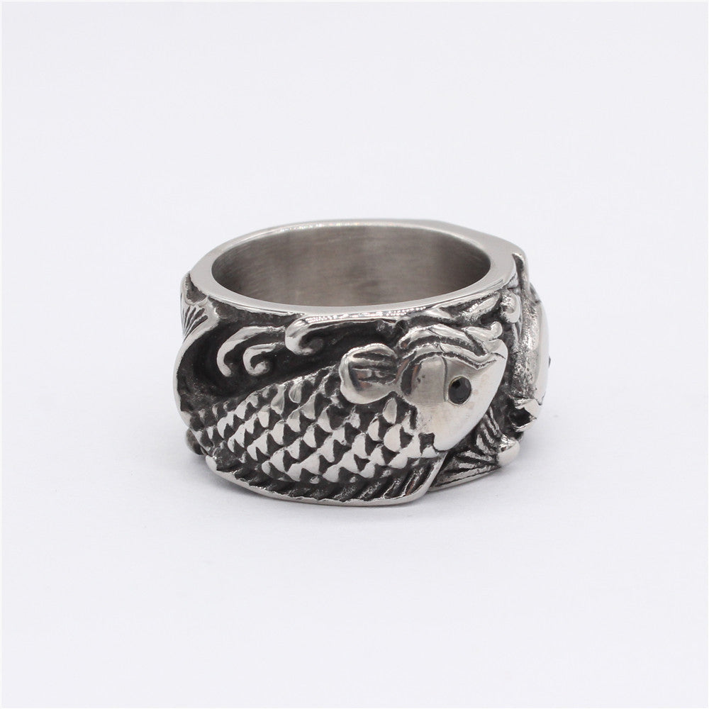 Double Koi Carp Relief Titanium Steel Ring for Men