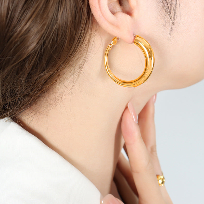 Hong Kong Style Gold-Plated Stainless Steel Earrings with Hollow Circles