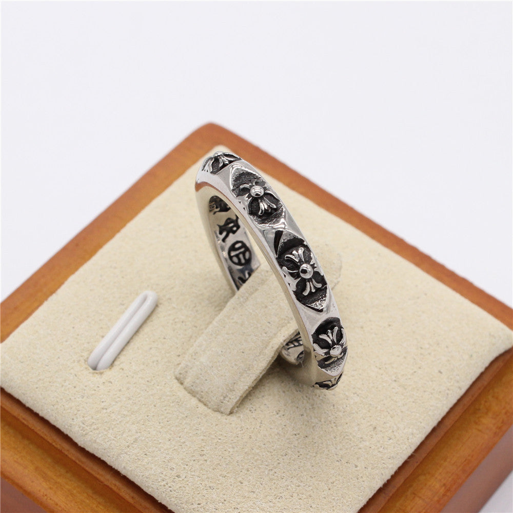 Row of Cross Flower Relief Titanium Steel Ring for Men