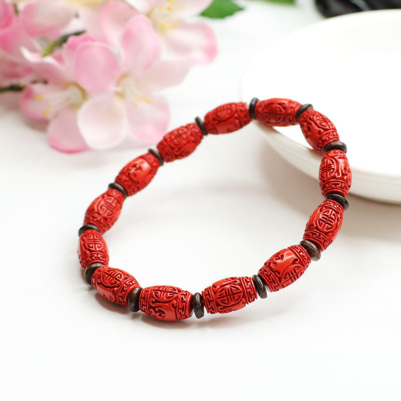 Red Sand Carved Bucket Bead Bracelet with Sterling Silver Needle