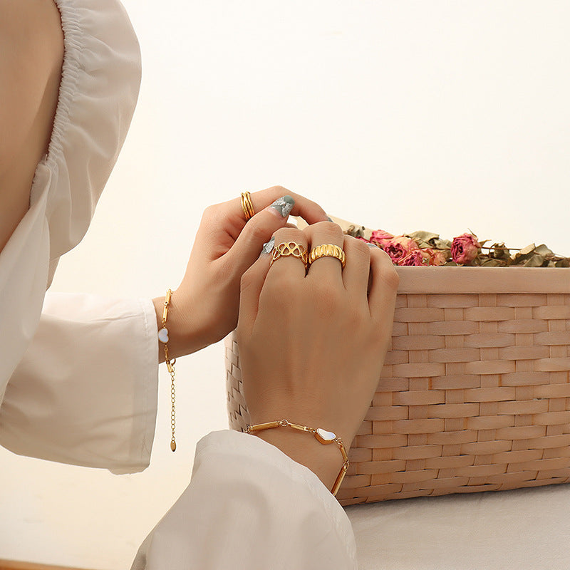 Korean White Sea Shell Peach Heart Bracelet with Gold Bamboo Chain