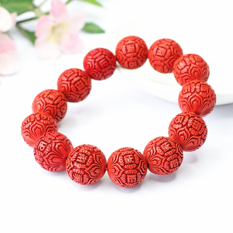 Retro Men's Cinnabar Stone Bead Bracelet with Sterling Silver Accents