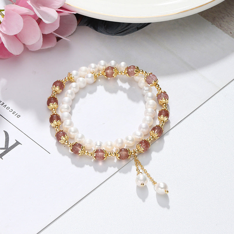 Exquisite Strawberry Crystal and Freshwater Pearl Double Stacked Bracelet