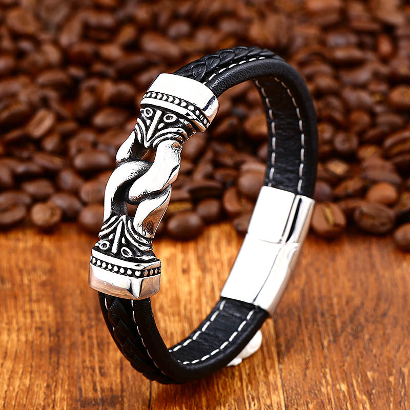 Retro Engraved Leather Bracelet for Men - Stylish Stainless Steel Fashion Jewelry