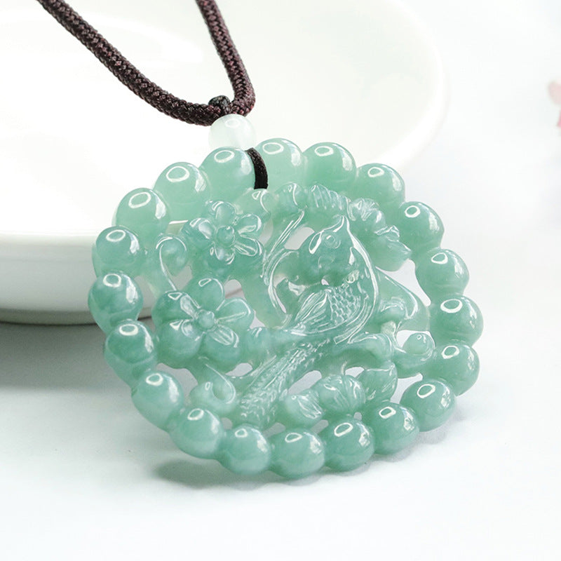 Joyful Magpie Jade Pendant with Floral Carving in Blue-Green Hollow Round Pendant