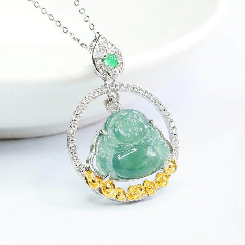 Buddha Green Jade Silver Necklace with Zircon Accents