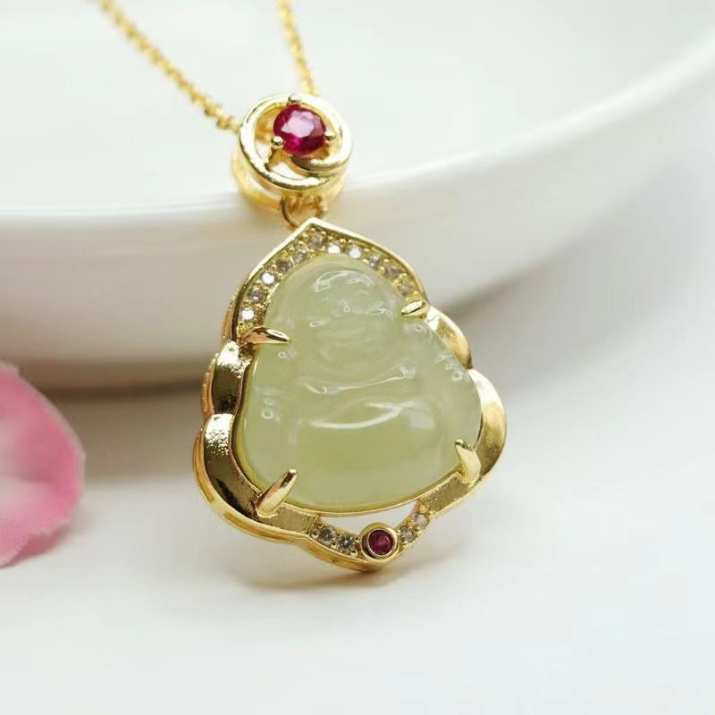 Maitreya Buddha Fortune's Favor Silver Necklace with Jade Gemstone