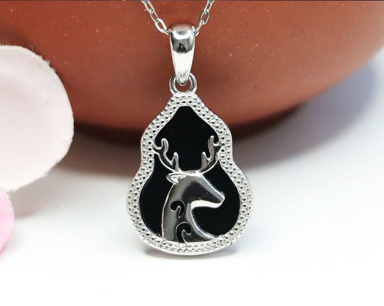 Sterling Silver Blackish Green Jade Deer Pendant Necklace