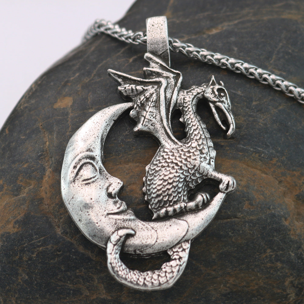 Mystical Viking Dragon Moon Necklace - Vintage Men's Jewelry