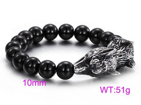 Titanium Steel Men's Beaded Bracelet with European and American Fashion Glass Beads and Tiger Head Design