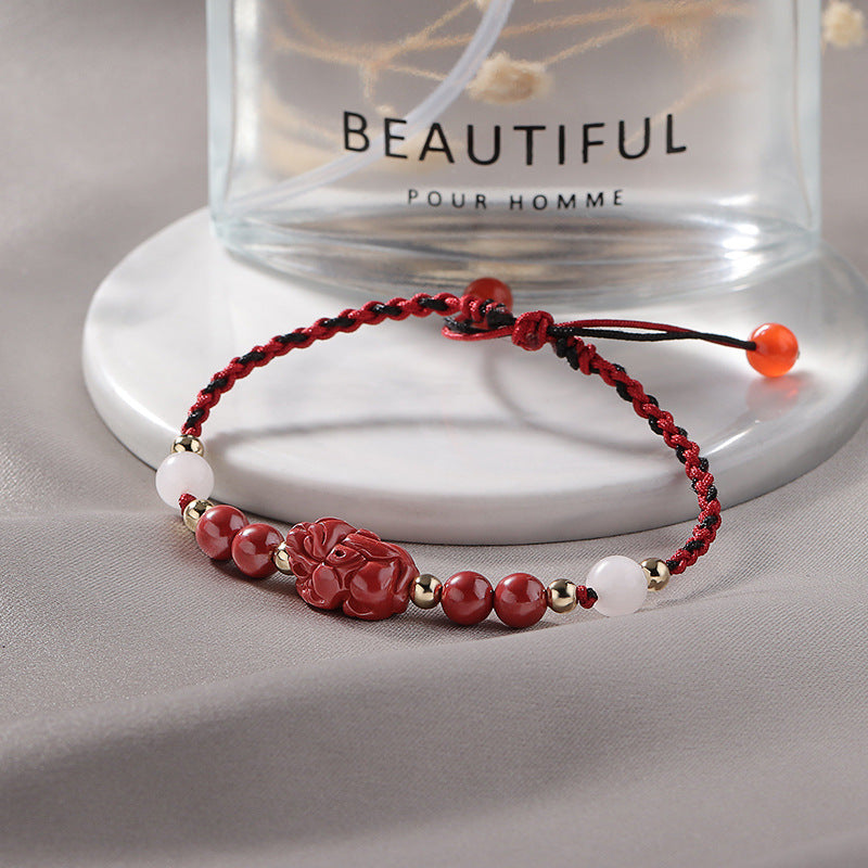 Cinnabar Braided Rope Bracelet with Sterling Silver and Bai Yueguang Charm