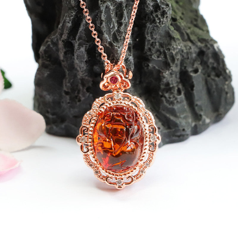 Blood Amber Pixiu Pendant Necklace Jewelry in Rose Gold