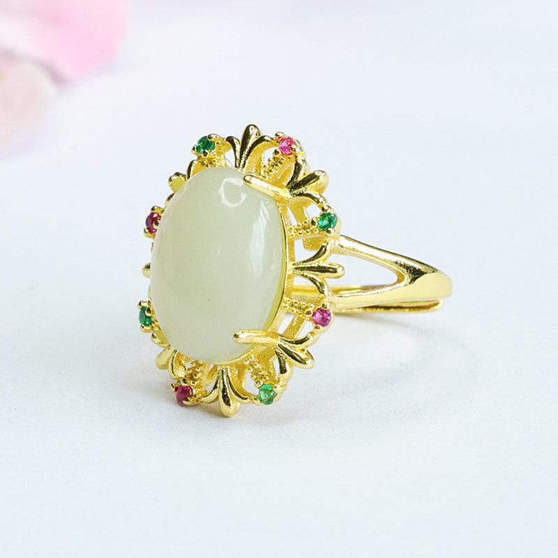 Pigeon Eggs Hetian Jade Zircon Ring - Vintage Hollow Design