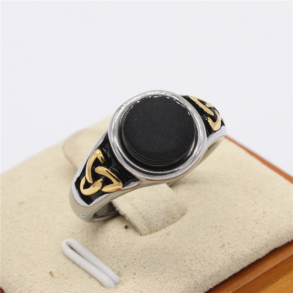 Vintage Viking Round Black Stone Titanium Steel Ring for Men