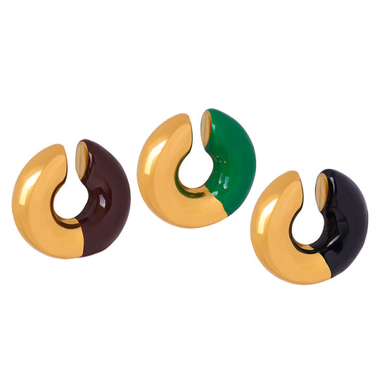 Elegant Titanium Steel Gold-Plated Enamel Round Earrings for Women