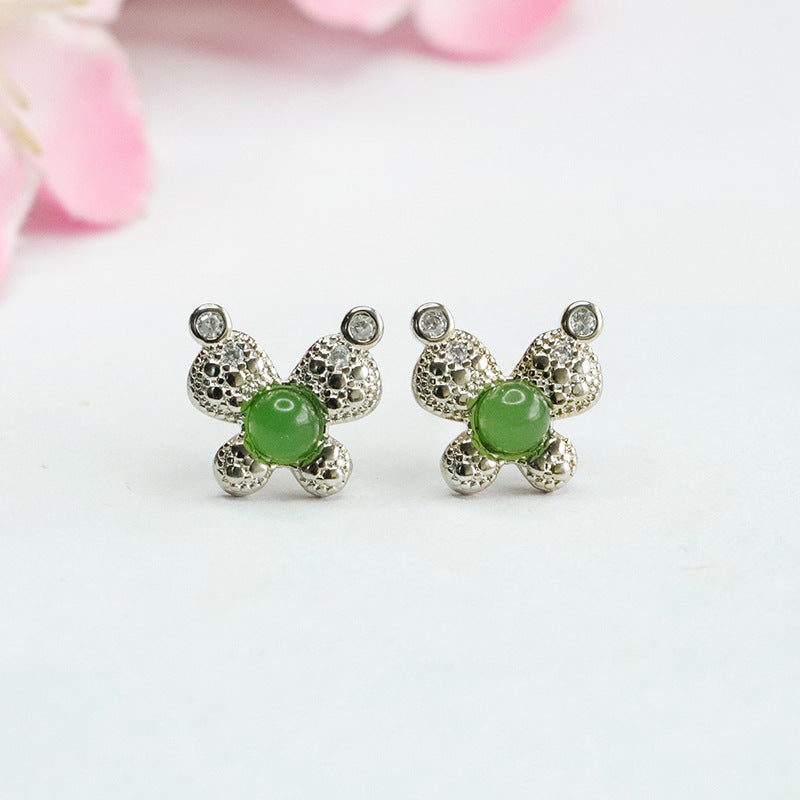 Hotan Jade Jasper Stud Earrings with Silver Bow Knot