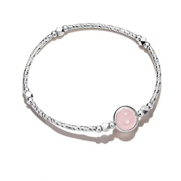 Luxurious Sterling Silver Pink Crystal Pixiu Bracelet with White Agate for Wealth and Fortune