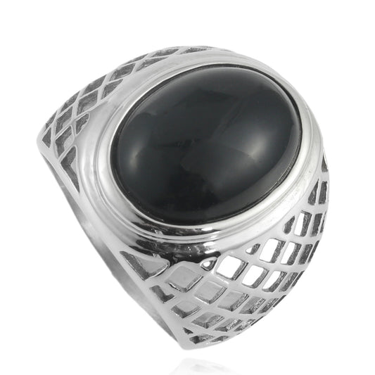 Trendy Titanium Steel Oval Hollow Ring for Men and Women with Black Stone Accent