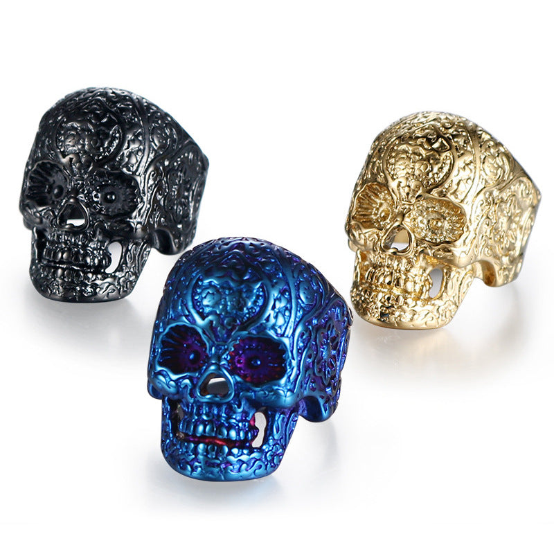 Men's Retro Punk Skull Totem Titanium Steel Ring - Three-Color Wholesale Jewelry for Men