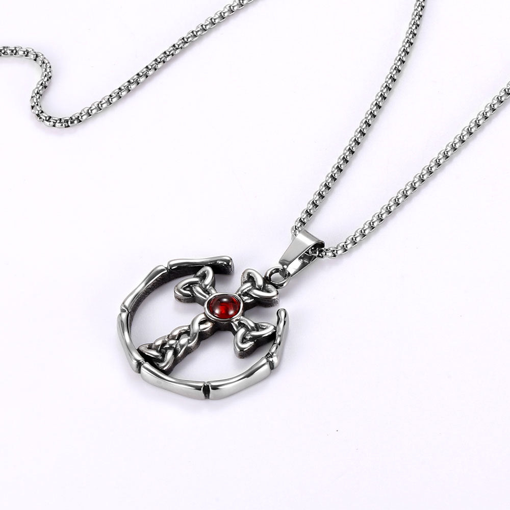 Titanium Steel Woven Cross Necklace with Red Zircon, Custom Gothic Rock Pendant for Men