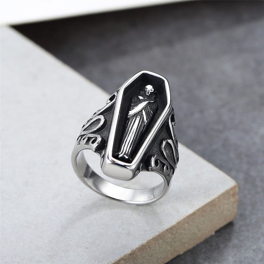 Halloween Skeleton Coffin Titanium Steel Ring for Men