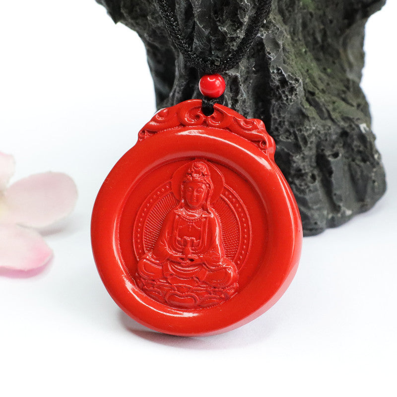 Red Sand Guanyin Pendant with Cinnabar Stone