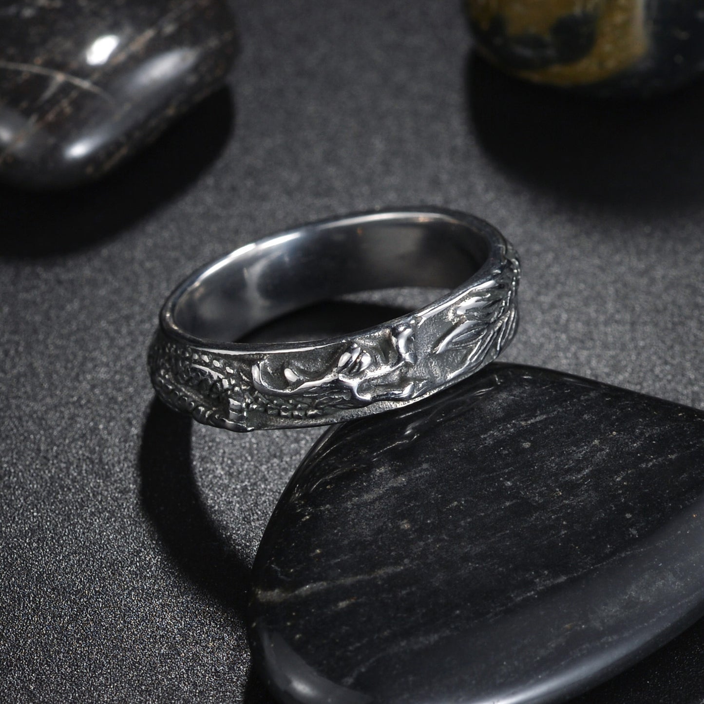 Chinese Dragon Inspired Titanium Steel Ring for Men - Red Broadcast Collection