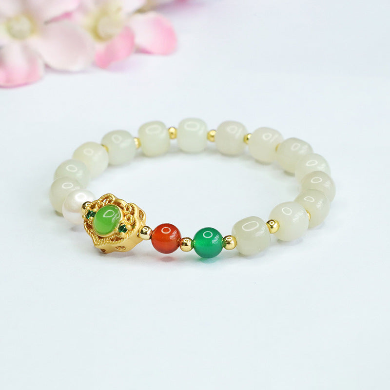 Fortune's Favor Sterling Silver Bracelet with Jade, Pearl, and Chalcedony Gems