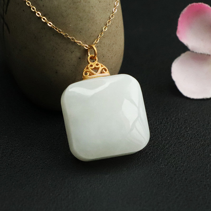 Sterling Silver White Jade Pendant Necklace with Hetian Jade Square Detail