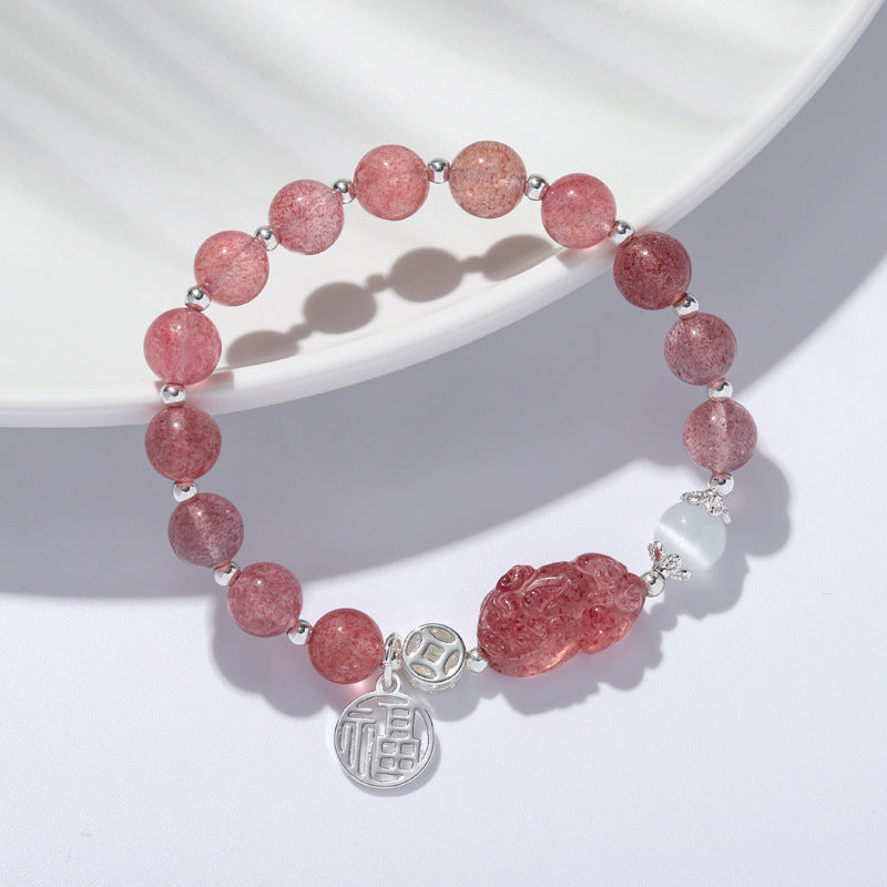 Luxurious Sterling Silver Pixiu Crystal Bracelet with Natural Strawberry Crystal Layers