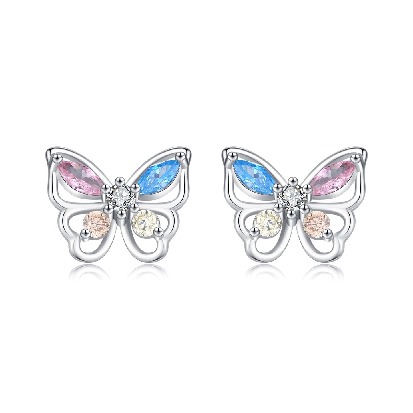 925 Sterling Silver Dopamine Color Butterfly Stud Earrings - Sweet and Delicate Korean Version