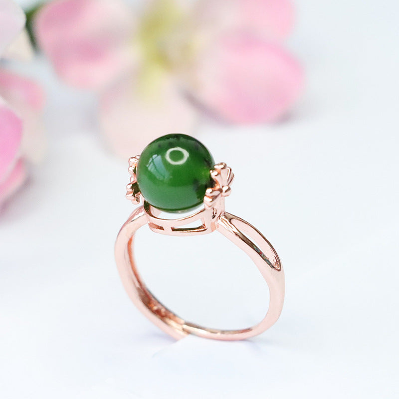 Elegant Natural Hotan Jade Rotating Ring with Jasper Beads