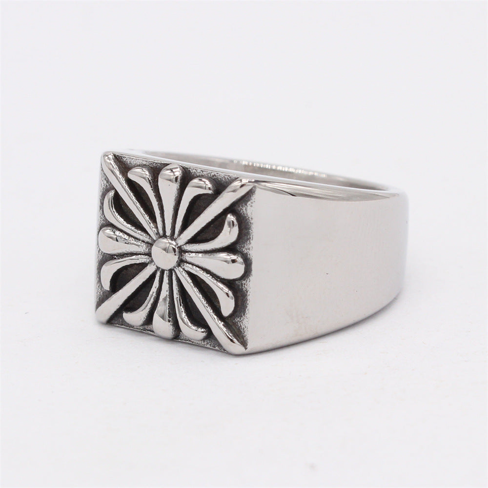 Cross Flower Square Titanium Steel Ring for Men