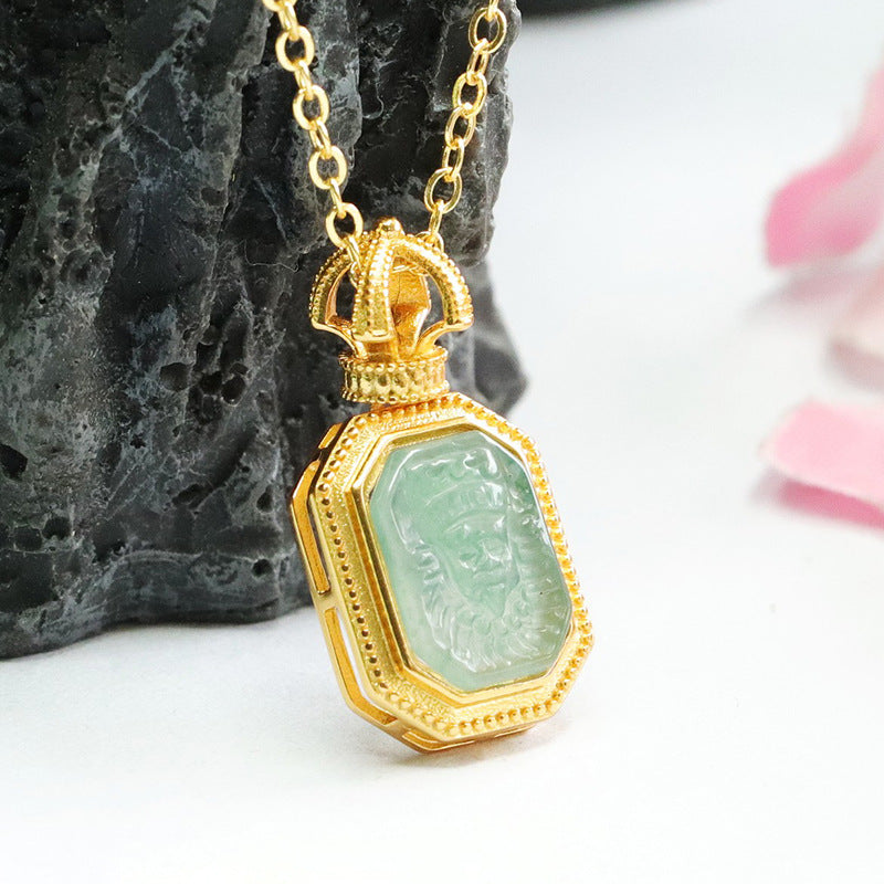 Sterling Silver Ice Blue Green Jadeite Carved Totem Rectangle Pendant Necklace