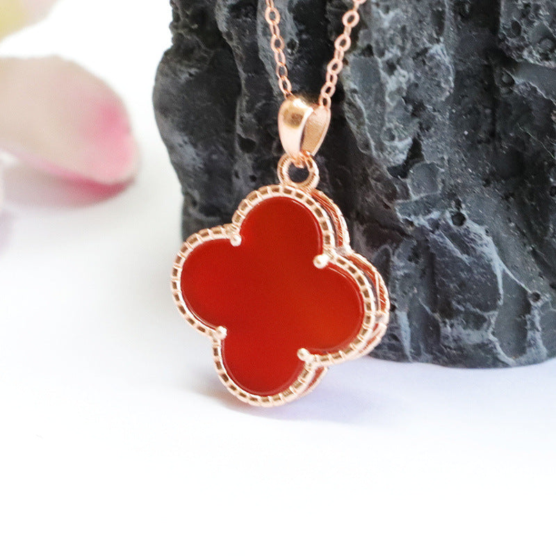 Red Agate Clover Sterling Silver Pendant