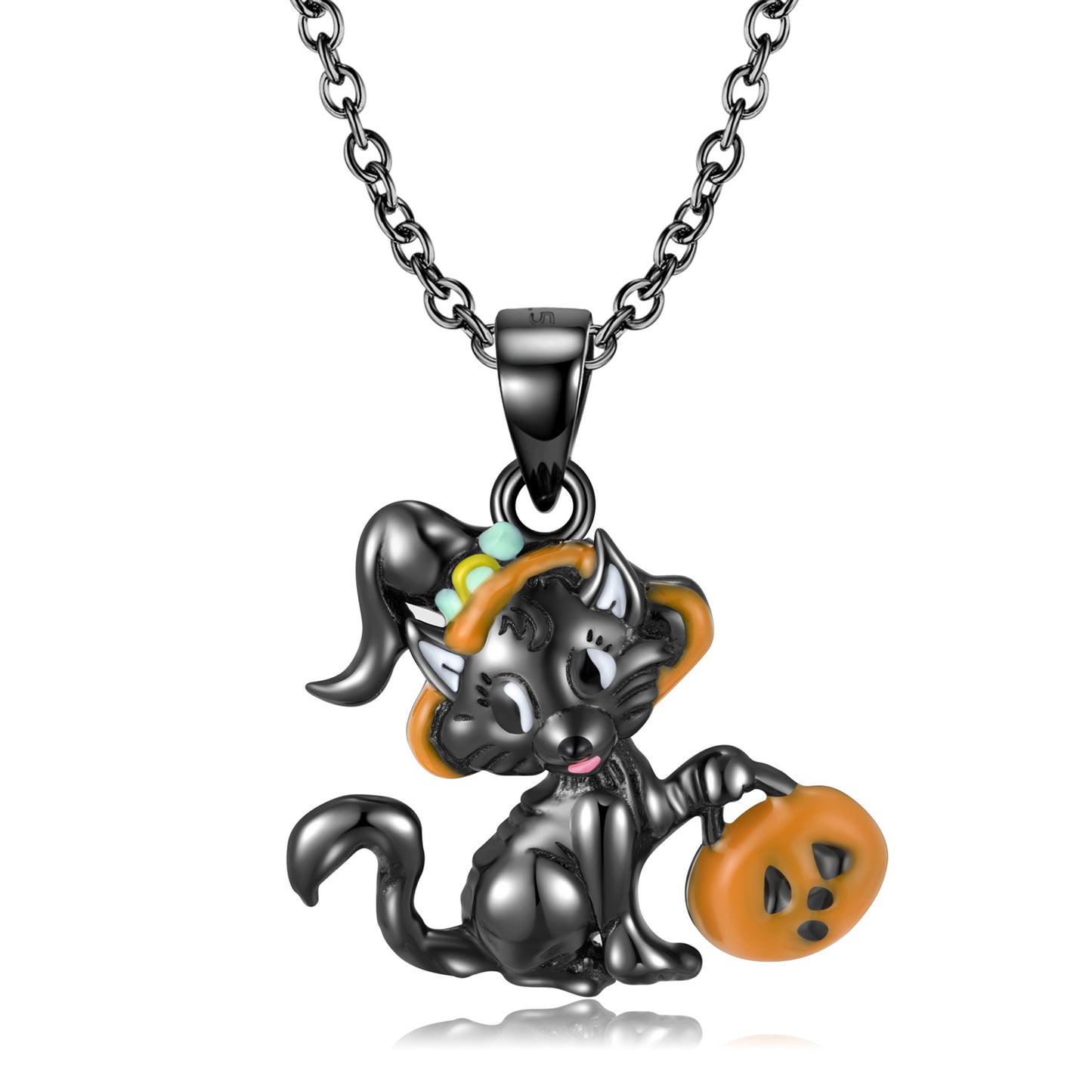 Halloween Black Witch Kitten Pendant Silver Necklace