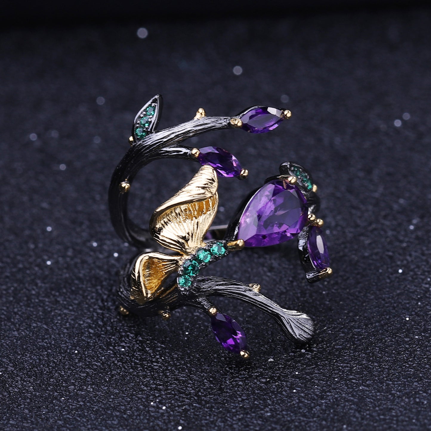 Rotated Garland Butterfly Natural Gemstones Silver Ring