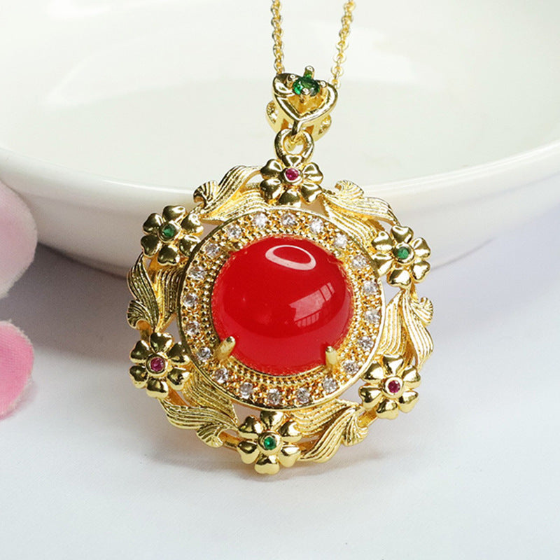 Circular Red Agate Golden Flower Necklace With Chalcedony Detail