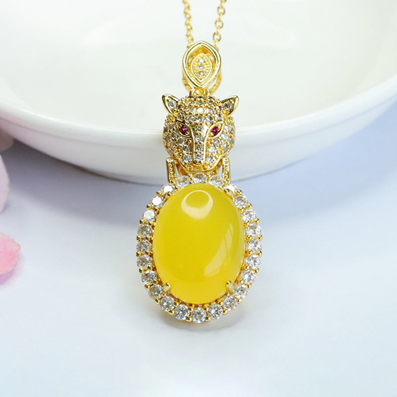 Yellow Chalcedony Zircon Leopard Pendant With Oval Ice Design